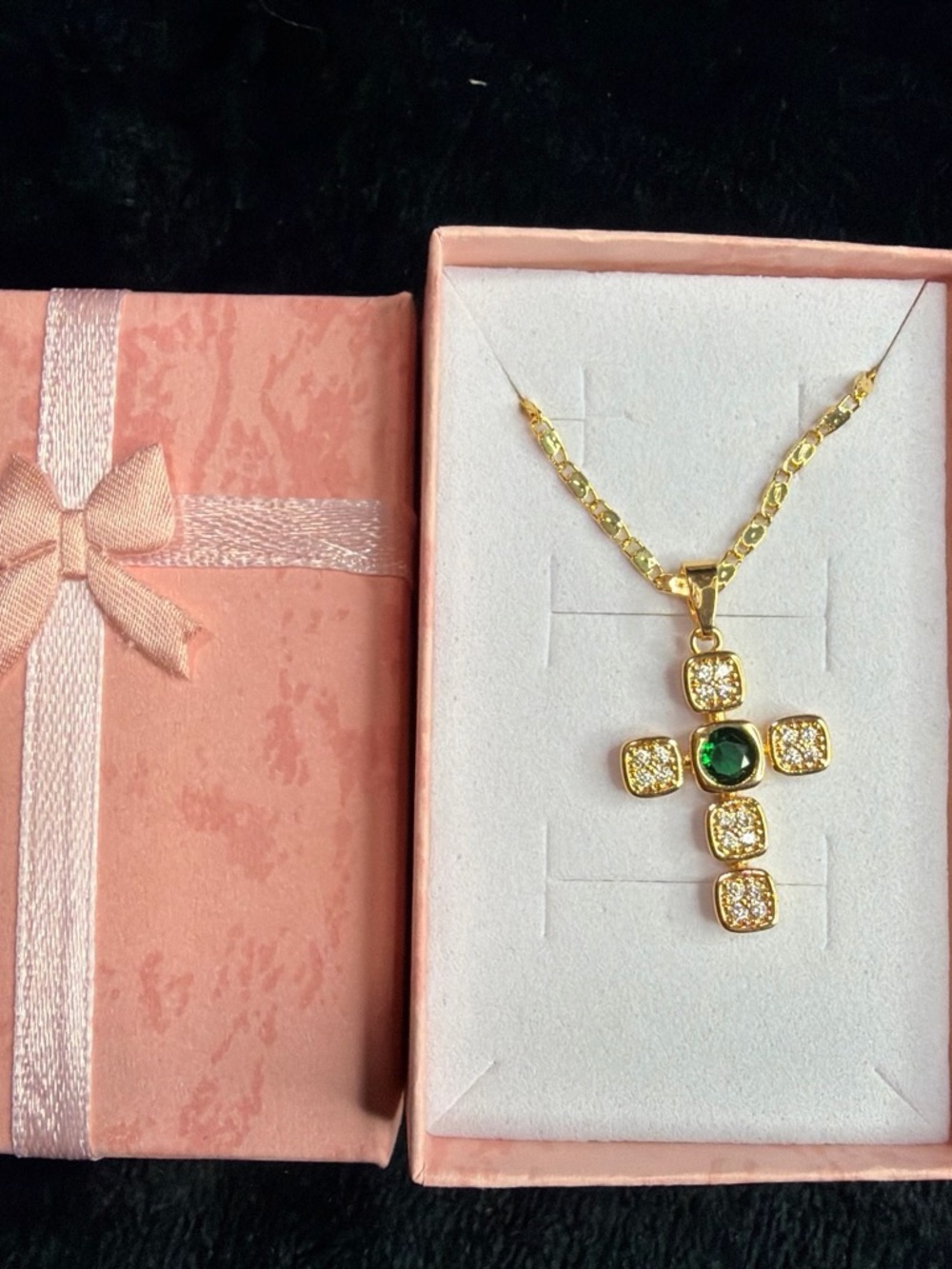 Gold-Tone Cross Pendant Necklace with Green Centerstone